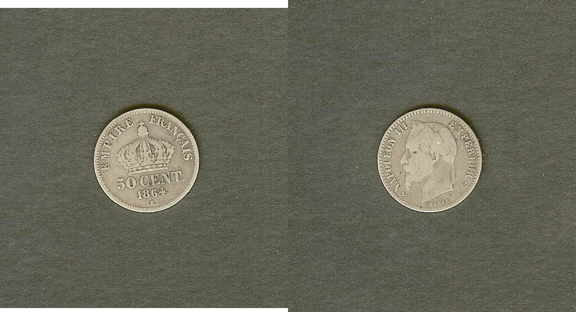 50 centimes Napoléon III, tête laurée 1864 Bordeaux TB à TB+